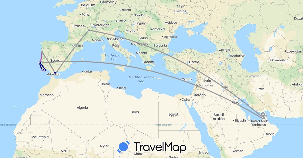 TravelMap itinerary: driving, plane, train in United Arab Emirates, Spain, France, Portugal (Asia, Europe)